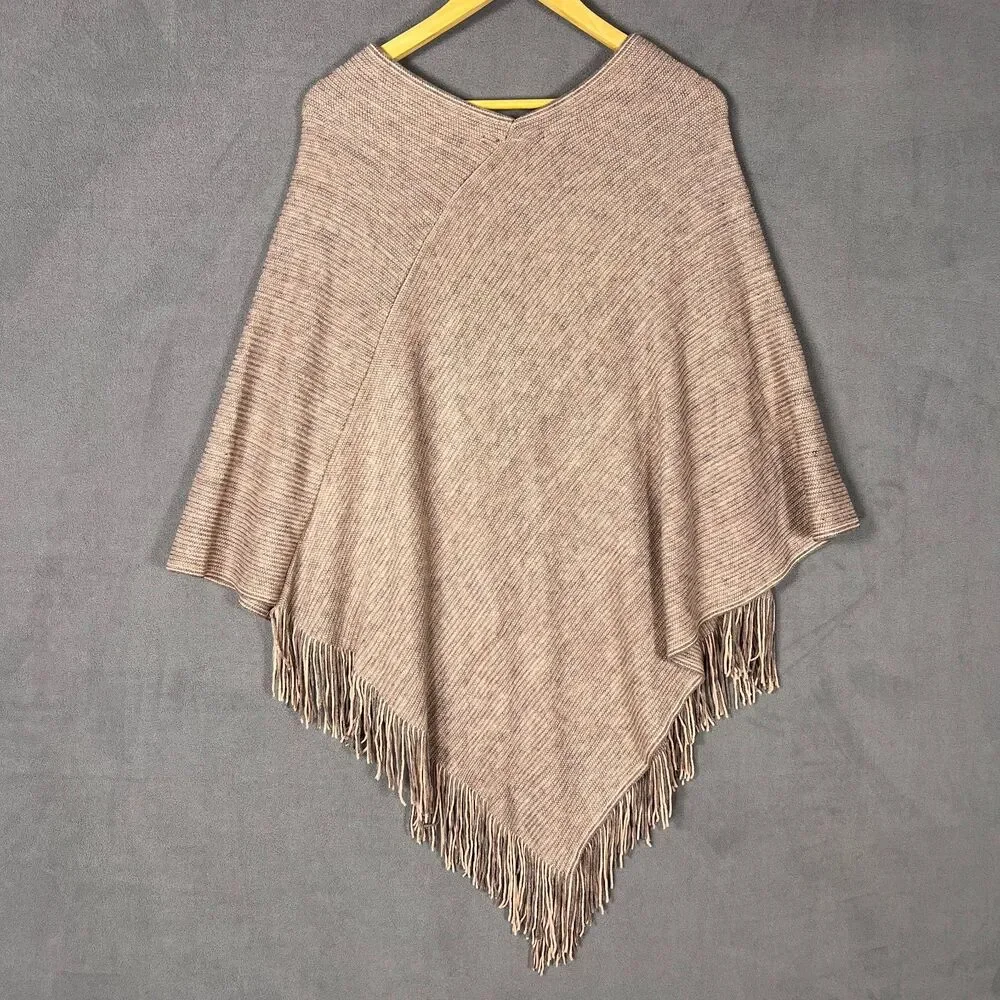 Cejon OSFM C1432 Knit Poncho Shawl Fringe Hem Pink Neutral Boho Cottagecore